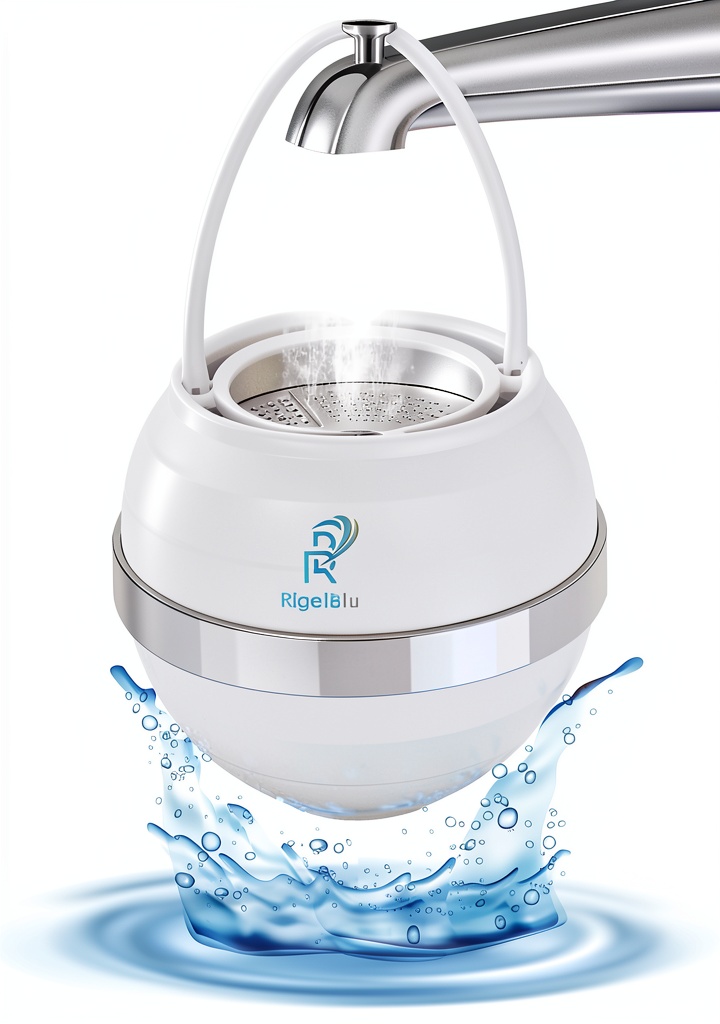 Rigelblu Shower Ball water filter mounted on a bathtub faucet