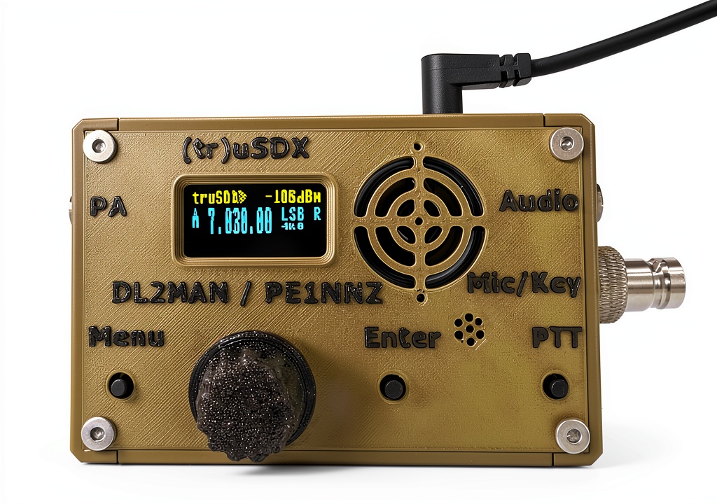 USDX TR transceiver mounted on a portable antenna mast in a field setting